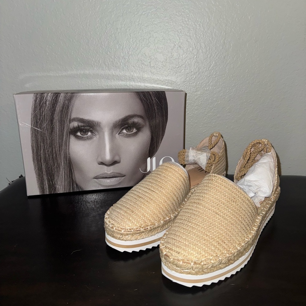 Jennifer Lopez Gold Espadrille Platform Slip Ons - Picture 2 of 12